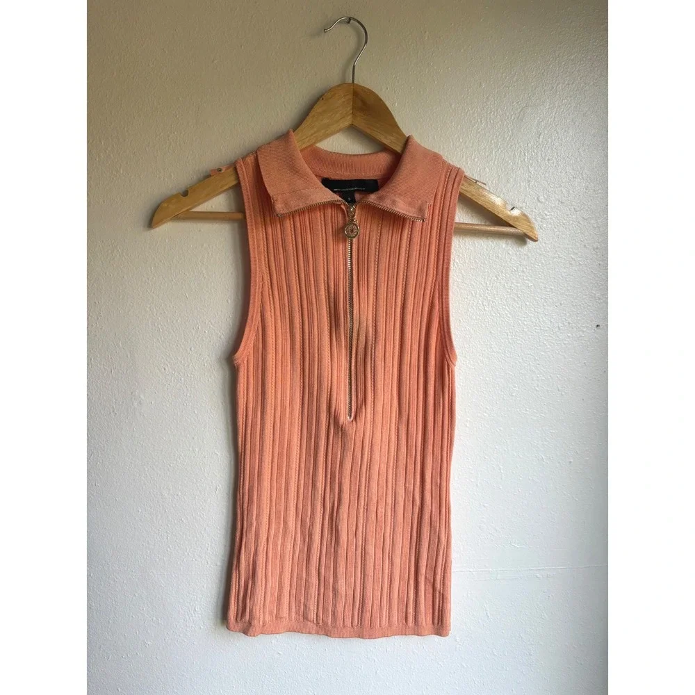 White House Black Market Peach Ribbed Quarter Zip Sleeveless Knit Top Small